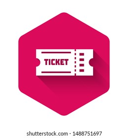 White Ticket icon isolated with long shadow. Pink hexagon button. Vector Illustration