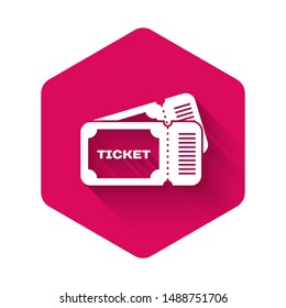 White Ticket icon isolated with long shadow. Pink hexagon button. Vector Illustration