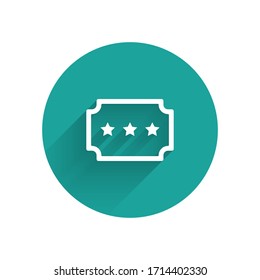 White Ticket icon isolated with long shadow. Amusement park. Green circle button. Vector Illustration