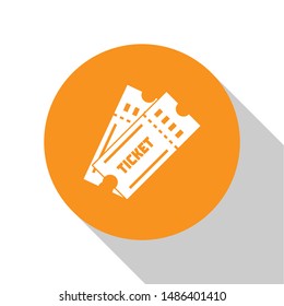 White Ticket icon isolated on white background. Orange circle button. Vector Illustration