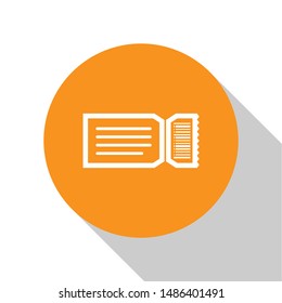White Ticket icon isolated on white background. Orange circle button. Vector Illustration