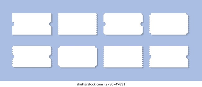 White Ticket Mockup Set with Ruffled Edges and Soft Shadows, Blank Concert, Movie, Theater and Event Ticket Templates Vector Illustration