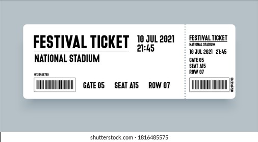 White ticket template design for entrance. Vector ticket for festival, event, party, cinema, theater, concert, play.