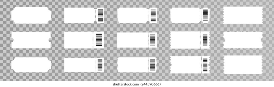 White ticket template set. Blank admission pass or coupon isolated on transparent background