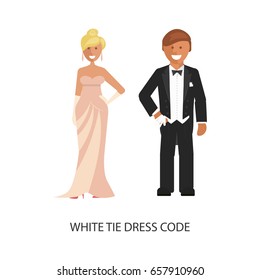 White tie dress code. Man and woman in smart casual style suits isolated on white background. Vector illustration of people in formal clothes.
