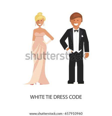 White tie dress code. Man and woman in smart casual style suits isolated on white background. Vector illustration of people in formal clothes.
