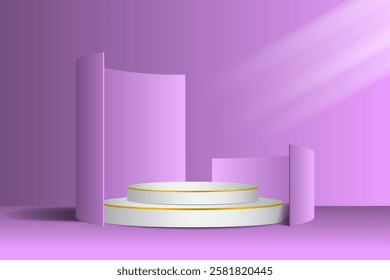 a white tiered round podium accented with gold, surrounded by elegant purple curved elements. Suitable for product presentations, showcases, branding, or luxury and exclusive promotional designs