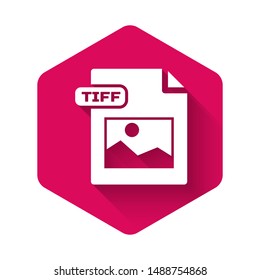 White TIFF file document. Download tiff button icon isolated with long shadow. TIFF file symbol. Pink hexagon button. Vector Illustration