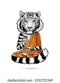 White Tiger - Buddha - Mönch. Buddhist in einem orangefarbenen Gewand. Ein Tiger in einer Lotusposition steigt über dem Boden auf. Vektorgrafik einzeln auf weißem Hintergrund. Das Symbol des neuen Jahres 2022.