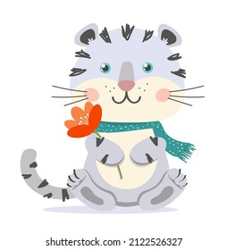 White tiger character with flower vector clipart