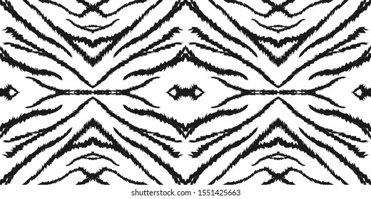 White Tiger Fur Vector Seamless Pattern. Black Zebra Luxury African Print.Dark India Pattern. India Graphic Zebra Texture. 