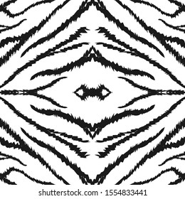 White Tiger Fur Vector Seamless Pattern. Black Zebra Luxury African Print.Dark India Pattern. India Graphic Zebra Texture. 