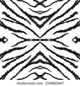 White Tiger Fur Vector Seamless Pattern. Black Zebra Luxury African Print.Dark India Pattern. India Graphic Zebra Texture. 