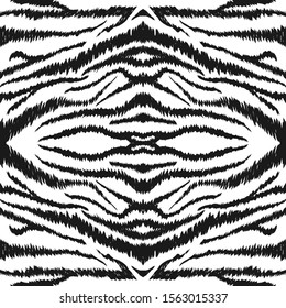 White Tiger Fur Vector Seamless Pattern. Black Zebra Luxury African Print.Dark India Pattern. India Graphic Zebra Texture. 
