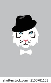 White tiger gentlemen wear a hat, fashion portrait of cat