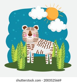 white tiger in grass cartoon