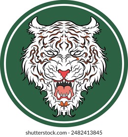 White Tiger head illustration, can be used for logos, mascots, clothing, and more isolated in green circle  background