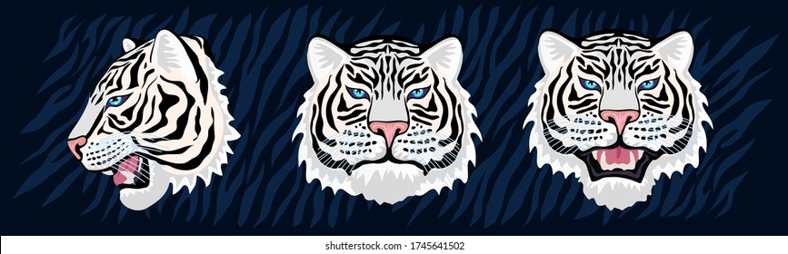 White tiger head roar wild cat in colorful jungle. Tiger stripes background drawing. Hand drawn vector character art illustration