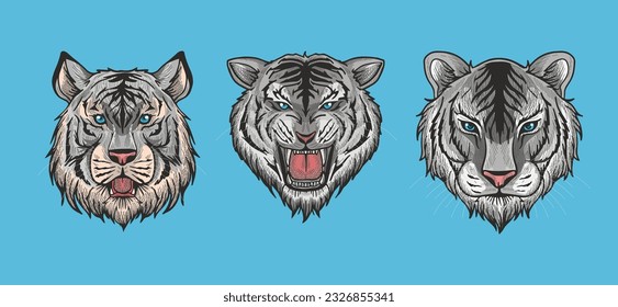 white tiger head vector illustration with shading and consisting of three images