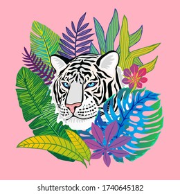 White tiger head wild cat in colorful jungle. Rainforest tropical leaves background drawing. Hand drawn vector character art illustration