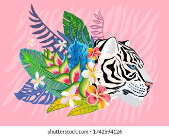 Cabeza de tigre blanco gato salvaje en la colorida jungla. Dibujo de fondo de hojas tropicales con selva tropical. Ilustración de arte de caracteres vectoriales dibujados a mano de tigres rosados