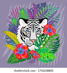 White tiger head wild cat in colorful jungle. Rainforest tropical leaves background drawing. Pink tiger stripes hand drawn vector character art illustration