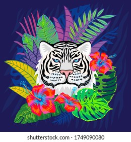 White tiger head wild cat in colorful jungle. Rainforest tropical leaves background drawing. Pink tiger stripes hand drawn vector character art illustration