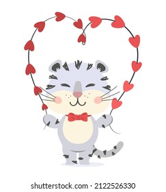 White tiger with hearts on a rope vector clipart