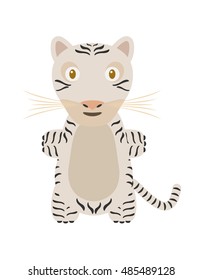 White tiger illustration as a funny character. Wild and dangerous animal. Small cartoon creature, isolated object in flat design on white background.