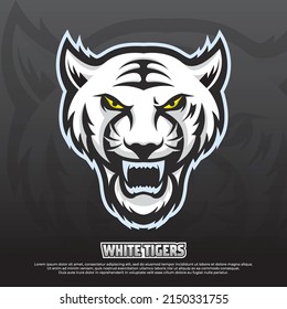 White tiger logo design template, angry head white tiger mascot esport illustration, gaming logo.