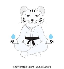 White tiger in the lotus position. New Year card.