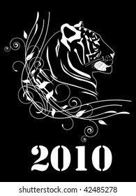 white tiger on black background whith floral ornament
