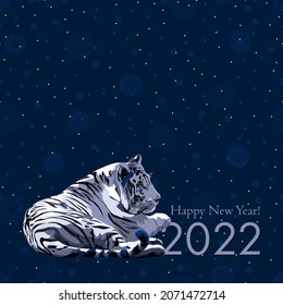 white tiger on blue repetitive background with white dots and snowflakes. 2022 happy new year text. vector illustration. design template of greeting card, banner, ad, invitation, flyer. color image