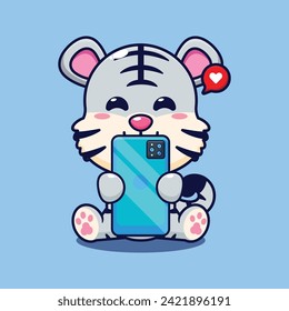 white tiger with phone cartoon vector illustration. 