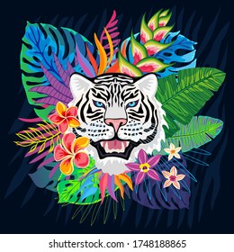 White tiger roar head wild cat in colorful floral jungle. Rainforest tropical leaves background drawing. Tiger stripes hand drawn vector character art illustration