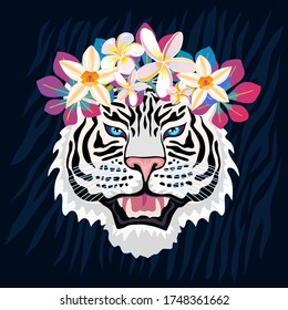 White tiger roar head wild cat in colorful floral jungle. Rainforest tropical leaves background drawing. Tiger stripes hand drawn vector character art illustration