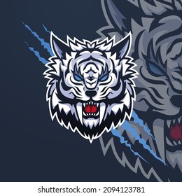 White tiger sabertooth face e-sport team mascot logo design