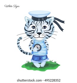 White Tiger sailor in cap with compass on green grass isolated on white background, Vector cartoon cute illustration, Character design for greeting card, children invitation, element pattern wallpaper