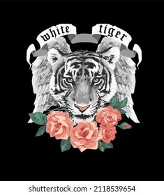 white tiger slogan with tiger face, wings and roses vector illustration on black background