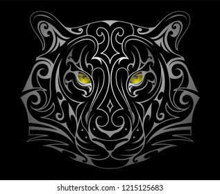 White tiger tattoo shape with glowing yellow eyes on black backdrop. Good for mascots and stickers