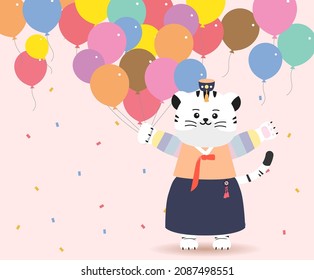 Un tigre blanco que cayó en un globo para celebrar el conjunto de ilustraciones de Año Nuevo. cumpleaños, vacaciones, polen, suerte. Dibujo de vectores. Estilo dibujado a mano.