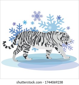 Ilustración vectorial del tigre blanco - tigre, hielo, copos de nieve