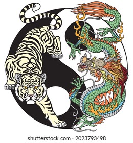 White tiger versus green dragon in the yin yang symbol of harmony and balance. Tattoo. Graphic style vector illustration 