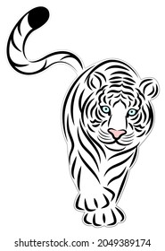 White tiger walking leisurely, simple illustration in cutout style, vector