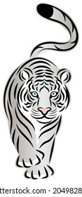 White tiger walking leisurely, simple illustration in cutout style, vector