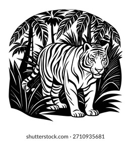Tigre branco caminhando pela mata nebulosa mística