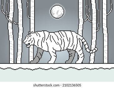 White Tiger in Winter Forest with Christmas Trees and Full Moon Background in Pixel Drawing Style.