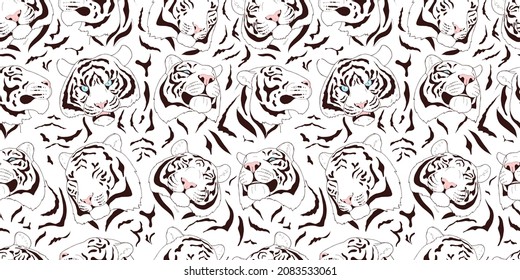 white tigers with blue eyes, seamless vector illustration with tiger portraits