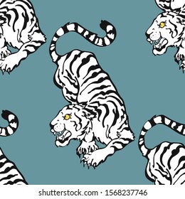 White tigers. Fashion vector illustration. Seamless pattern with stylized tigers. Surface animalistic background. Fun illustration for fabric, wallpaper, cover, cards, pet products and other. - Vector