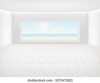 White tile floor and space in empty room with symmetry grid line texture in perspective view for product display or background, 
Home interior decor with hexagon shape of tile, Vector illustration.